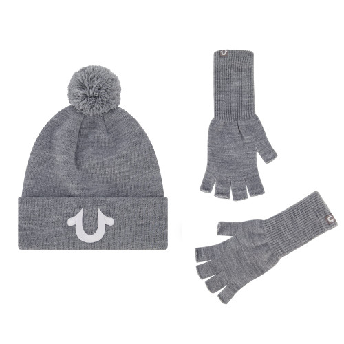 True Religion Beanie Hat and Fingerless Gloves Set, Cuffed Winter Knit Cap with Pom and Matching Mittens, Grey, One Size