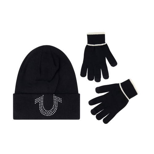 True Religion Beanie Hat and Touchscreen Glove Set, Cuffed Winter Knit Cap with Rhinestone Logo and Touch Screen Mittens, Black, One Size