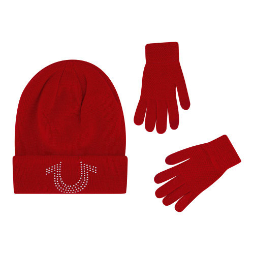 True Religion Beanie Hat and Touchscreen Glove Set, Cuffed Winter Knit Cap with Rhinestone Logo and Touch Screen Mittens, Red, One Size