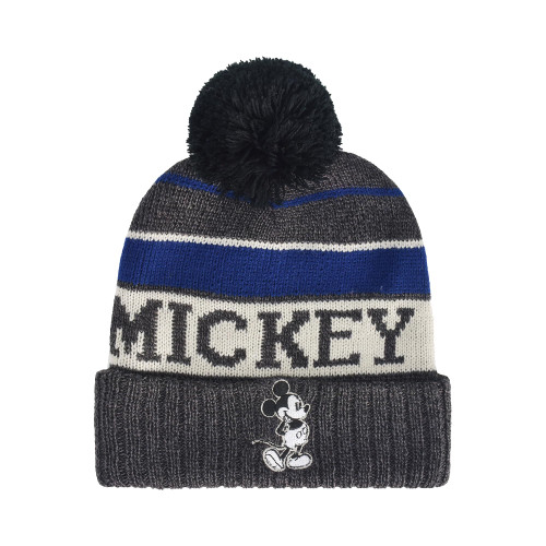 Disney Mickey Mouse Beanie Hat, Striped Winter Knit Cap with Cuff and Pom, Black, One Size