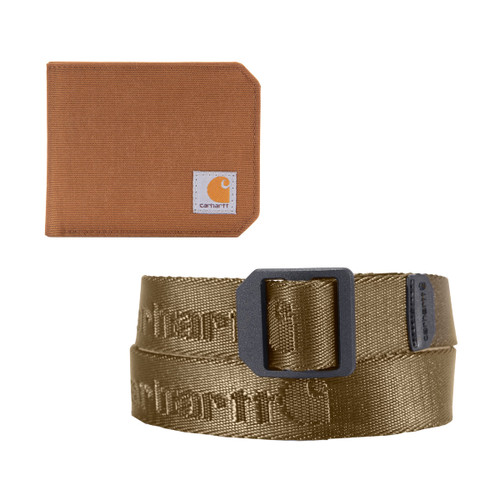 Carhartt Men's Standard Bifold and Passcase, Durable Billfold, Available in Leather and Canvas Styles, Wallet & Belt Gift Set Brown Wallet, Yukon Size Medium Belt, One Size