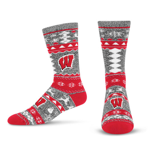 For Bare Feet NCAA Wisconsin Badgers Ugly Holiday Sweater Sock Marble Gray Large