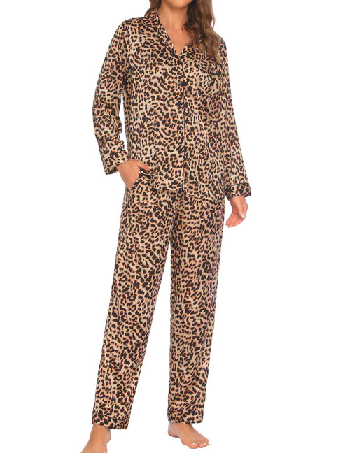 Ekouaer Silk Satin Pajamas Set for Women Long Sleeve Button Down Sleepwear Loungewear Soft Pjs Set (Leopard2,M)
