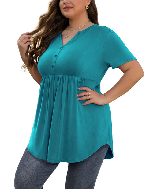 SHIJIALI Women's Plus Size Henley Shirts V Neck Button Tunic Tops Casual Short Sleeve Swing Flowy Blouse Lake Blue-3X-Large
