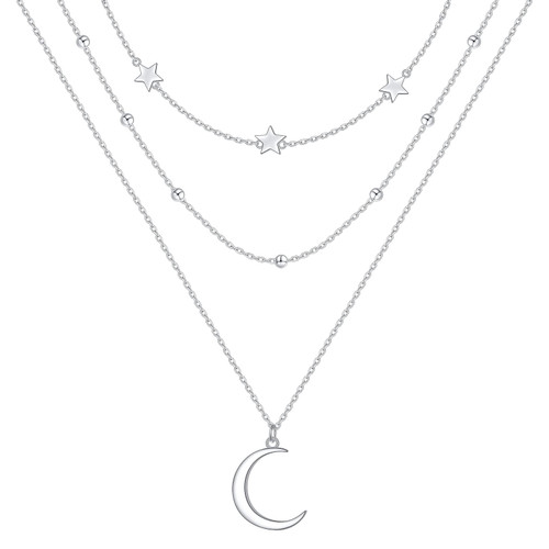 DAOCHONG S925 Sterling Silver Multilayer Layered 3 Triple Long Chain Pendant Necklace for Women Moon Star DAOCHONG S925 Sterling Silver Multilayer Layered 3 Triple Long Chain Pendant Necklace for Women Moon Star