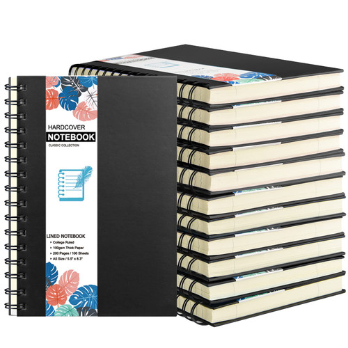 12 Pack A5 Hardcover Spiral Notebook College Ruled Notebooks Colorful Journal Bulk Diary Planner Lined Travel Subject Writing Notepad for School Office Business Supplies, 8.3" x 5.5", Black