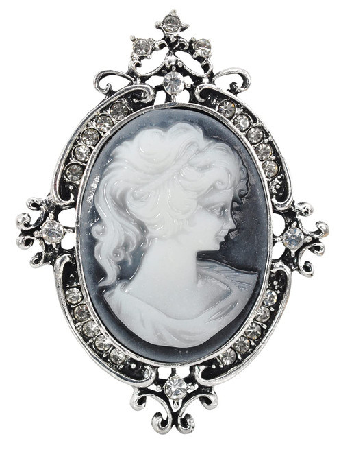 Gyn&Joy Vintage Style Cameo Victorian Lady Maiden Crystal Rhinestone Pin Brooch BZ037 (old silver)
