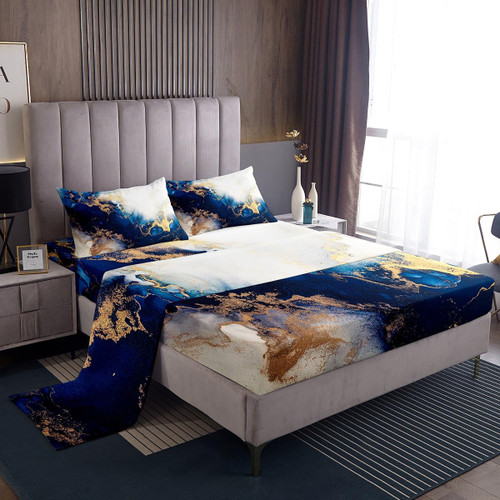 Erosebridal Blue White Golden Marble Bed Sheets Set Full,Retro Marble Texture Sheet Set for Boys Girls,Colorful Marble Sheets,Abstract Artwork Flat Fitted Sheet with 2 Pillow Shams