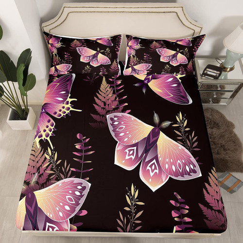 Erosebridal Pink Butterfly Fitted Sheet 3pcs Boho Moth Bed Sheets Full Starry Sky and Moon Bedding Sets Black Hippie Bohemian Sheets Galaxy Decor for Women Girls Bedroom, Soft Cozy
