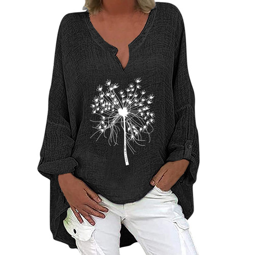 Trendy Tops for Women Solid Color Blouses V Neck Cuffed Sleeve T Shirts Long Sleeve Loose Fit Baggy Beach Tee Shirts Black