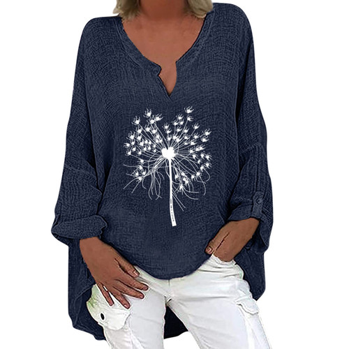 Fall Tops for Women Solid Color T Shirts V Neck High Low Hem Tee Shirts Long Sleeve Loose Fit Baggy Beach Tunic Tops Navy