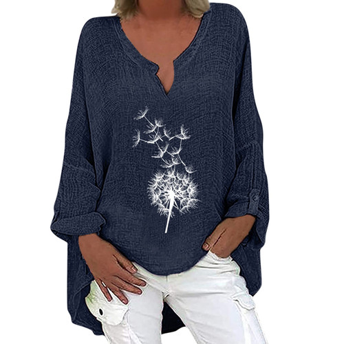 Trendy Tops for Women Solid Color T Shirts V Neck Cuffed Sleeve Blouses Long Sleeve Baggy Loose Fit Beach Tunic Tops Navy