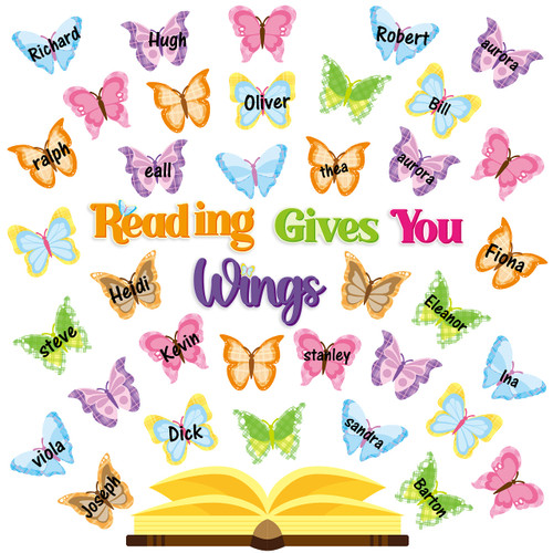 BXawi 63Pcs Reading Gives You Wings Bulletin Board Set Colorful Butterfly Name Tags Cutouts Back to School Reading Motivational Quote Classroom Chalkboard Wall Decor for Teacher Preschool Elementary