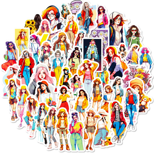 50pcs Fashion Girl Stickers Cute Girls People Journal Stickers Cute Aesthetic Waterproof Decals for Water Bottle Skateboard Scrapbooking Luggage Guitar