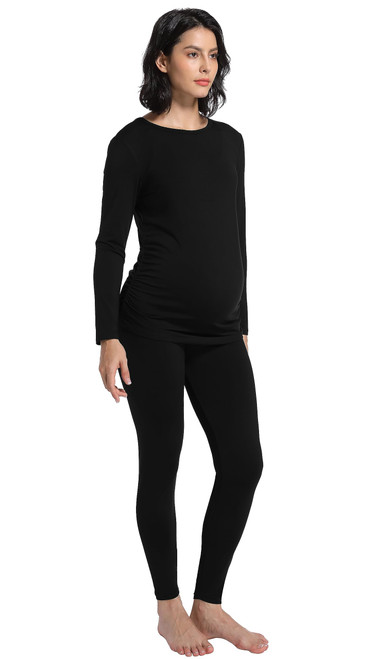 Foucome Maternity Thermal Underwear Set Long Johns Set Top and Bottom Fleece Lined Base Layer Pajama Set for Pregnant Women (Black, M)