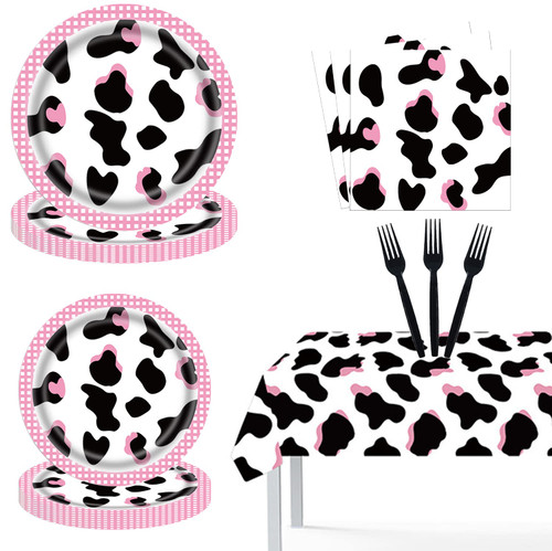 Farm Cow Theme Party Supplies,Pink Cow Print Tableware Set,Paper Plate Napkin Fork Tablecloth for Sweet Kids Cow Theme Baby Shower Farm Animal Birthday Party Decorations,Serves 16