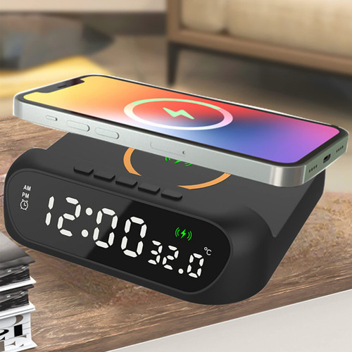 Digital Alarm Clock, Wireless Charging Bracket, 3 in 1 Bedside Clock with Fast Wireless Charging 15w, USB Charger, Wireless Charger Clock LED Digital Display Alarm Clock Temperature Display #N
