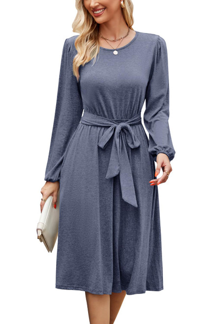 Newshows Women's 2023 Fall Winter Long Sleeve Dress Casual Work Modest Tie Elastic Waist Belted Midi Dress with Pockets(Navy, L)