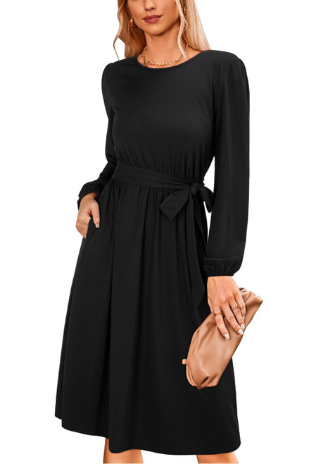 Newshows Women's Black Dresses for Funeral 2023 Fall Winter Long Sleeve Dress Casual Work Tie Elastic Waist Belted Midi Dress with Pockets(Black, S)