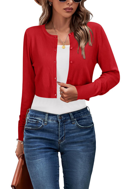 Newshows Women's Fall Cropped Cardigan 2023 Crew Neck Button Down Open Front Knit Bolero Shrug Sweater(Red, Medium)