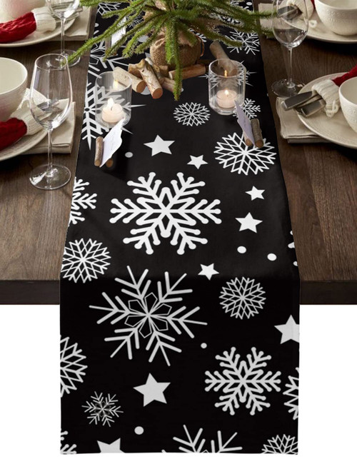 Table Runners 36 inches Long, Christmas White Snowflake Black Background Table Runner Farmhouse Dresser Scarves,Decortaive Table Runner Cover for Dining Coffee Table Holiday Party Wedding