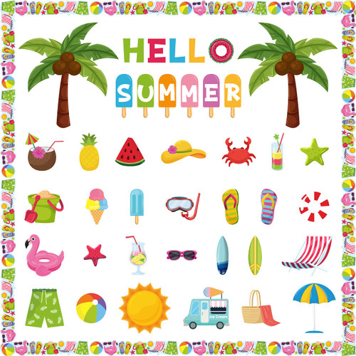 B1ykin 109pcs Hello Summer Beach Hawaiian Bulletin Board Classroom Decoration Set, Tropical Beach Glasses Palm Tree Cutout Borders Accents, Summer Coconut Theme Party Supplies for School Classroom