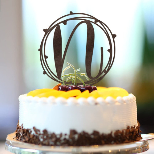 Initials N Cake Toppers, Vinisong Letter Cake Topper Brown Wood Wreath Cake Decorations Monogram Cake Topper Rustic Wedding Cake Decor(N,Design 01)