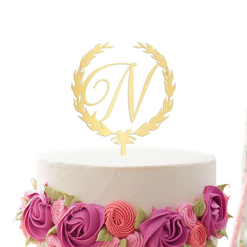 Personalized Cake Topper, Vinisong Initial Letter N Cake Topper Acrylic Gold Cake Topper Cake Decoration Supplies Wreath Cake Topper Wedding Anniversary Birthday Party Cake Decoration