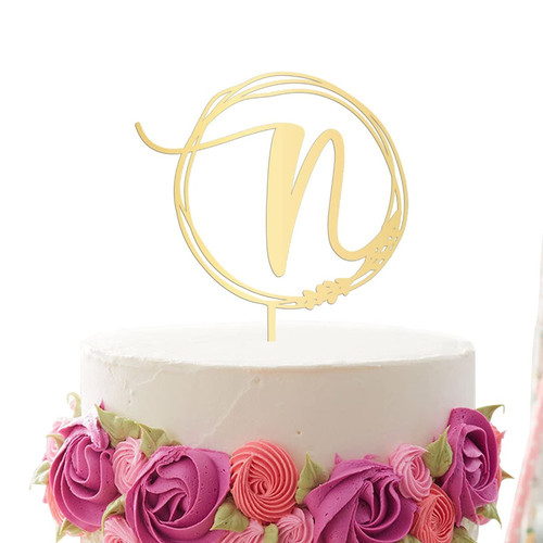 Personalized Letter N Cake Topper, Vinisong Rustic Wedding Cake Topper Initial Cake Topper Monogram Cake Topper Wreath Design Cake Decoration Gold Acrylic Cake Decor Party Decoration