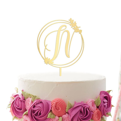 Vinisong Gold Cake Topper Acrylic Cake Topper Initial Letter N Cake Topper Birthday Cake Decoration Supplies Wreath Cake Topper for Birthday Wedding Anniversary Keepsake Party Decoration