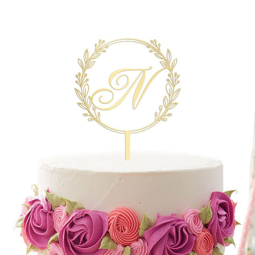 Vinisong Gold Letter Cake Topper Personalized Wreath Initial Letter N Cake Topper Acrylic Cake Toppers Cake Decor Wedding Anniversary Birthday Party Cake Decoration Supplies