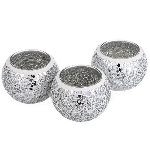 OwnMy 3PCS Mosaic Glass Tea Light Holders Round Bowl Votive Candle Holders Pillar Candle Stands, Silver Glass Mosaic Tealight Holders Potted Plant Bowl Vase Candle Centerpiece for Dining Table Wedding