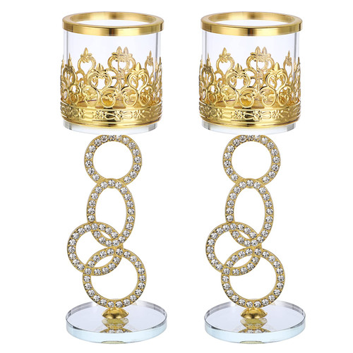 OwnMy Set of 2 Gold Crystal Glass Tealight Candlestick Holders Pillar Candle Holders with Glass Cover, 8.5" Elegant Metal Glass Votive Candle Stands for Dining Table Centerpiece Wedding Candle Decor