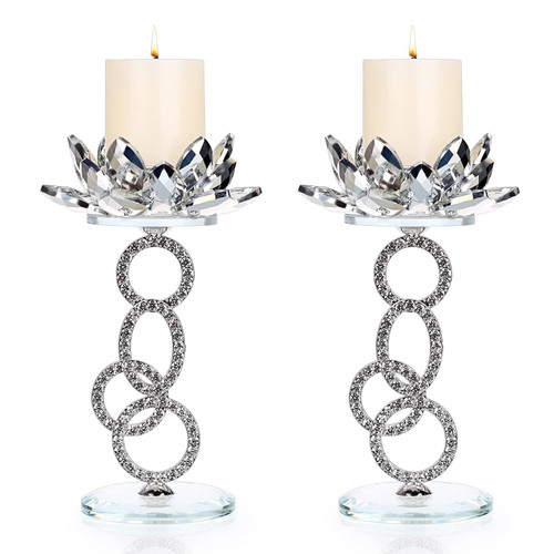 OwnMy Set of 2 Crystal Lotus Flower Candle Holders Metal Glass Lotus Pillar Candlestick Holders, Silver Crystal Lotus Tealight Candlesticks Votive Candle Stands for Wedding Table Centerpiece, 7.5" H OwnMy Set of 2 Crystal Lotus Flower Candle Holders Metal Glass Lotus Pillar Candlestick Holders, Silver Crystal Lotus Tealight Candlesticks Votive Candle Stands for Wedding Table Centerpiece, 7.5" H