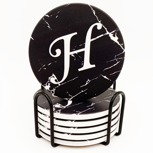 Monogram Coasters for Drinks, Absorbent Coaster Set of 6 with Holder, Black Marble Style Ceramic Drink Coaster Sets with Cork Base, Monogrammed Letter H