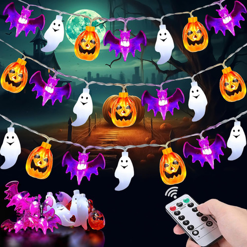 Halloween Lights Outdoor, 16FT 30 LED Pumpkin Bat Ghost Halloween String Lights Battery Operated with Timer, 8 Light Mode Waterproof Indoor Outdoor Halloween Decorations Light Home Yard Window Decor