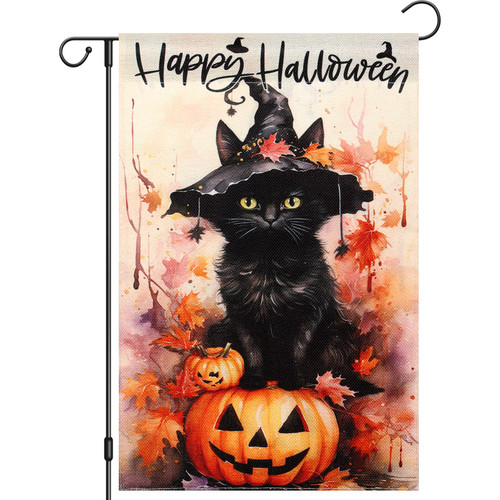 Halloween Garden Flag for Happy Halloween Decoration, 12x18 Double-Sided Design Burlap Halloween Flag for Yard Decorations, Halloween Flags with Cat and Pumpkin, Garden Flags for Outside