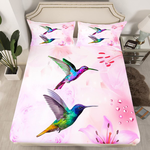 Hummingbird Fitted Sheet Hummingbird Flowers Bedding Set for Kids Boys Girls Tropical Birds Bed Sheet Set Blossoming Iris Flowers Bed Cover No Flat Sheet Purple Pink Bedroom Decor 2Pcs Twin Size