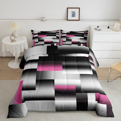 jejeloiu Pink Gray Black Abstract Comforter Set Twin Size Modern Geometric Art Comforter Geometry Rectangle Room Decorative Bedding Set Quilt Set 2Pcs Duvet Set