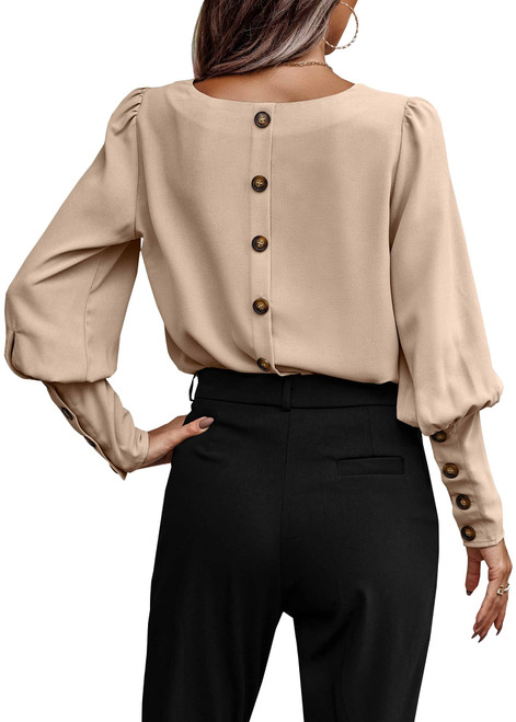 CCTOO Womens Solid Color Blouse: Button Back Blouses Leg of Mutton Long Sleeve Crewneck Shirt Top 166 Beige Large
