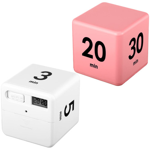 2 Pieces Cube Timers Gravity Sensor Flip Timer Kids Timer Workout Timer and Game Timer for Time Management, 1 3 5 10 Minutes and 15 20 30 60 Minutes (White, Pink)