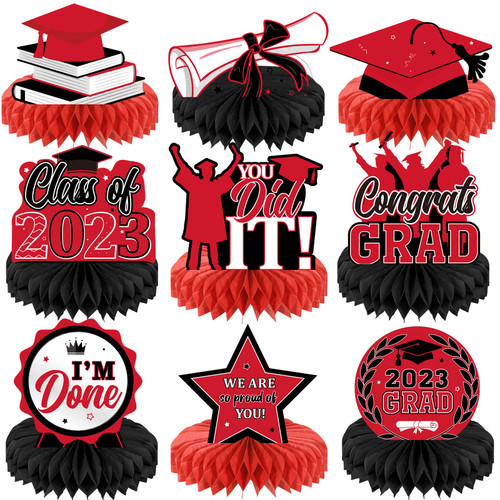 9 Pieces 2023 Graduation Party Table Decorations Class of 2023 Congrats Graduation Centerpieces for Tables Congratulate Honeycomb Centerpiece Table Topper for Grad Party Favor Supplies (Red)