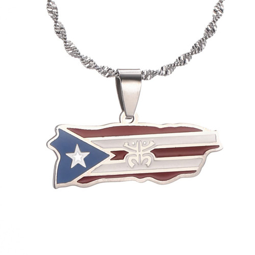 Puerto Rico Map Frog Colored Flag Pendant Necklaces Gold Color PR Puerto Ricans Jewelry (Silver Color)