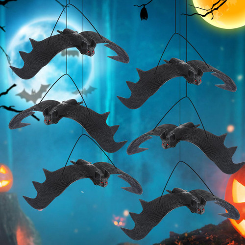 Apipi 6 Pieces Halloween Realistic Hanging Bats, Rubber Spooky Looking Bats with Hanging Rope, Outdoor Indoor Halloween Decoration, Fake Flying Bats for Party Supplies