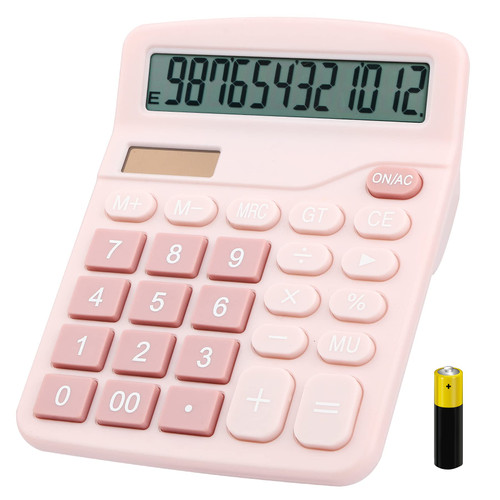 Desk Calculator, Envysun Compact 12-Digit Solar Battery Office Electronic Calculator with LCD Display, Dual Power Desktop Scientific Calculators (Cal-Pink-US)
