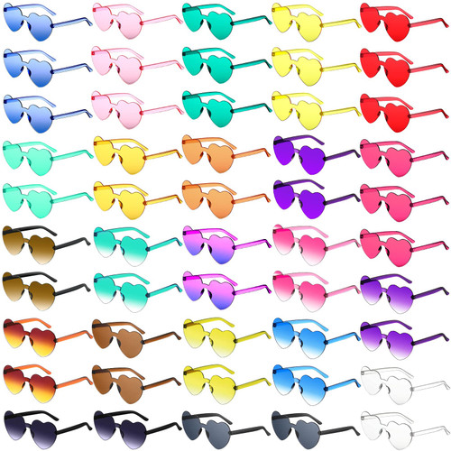 50 Pairs Heart Shaped Rimless Sunglasses Transparent Colored Love Glasses Frameless Tinted Trendy Eyewear Party Favor (Multicolored)