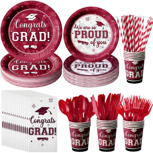 Graduation Party Supplies Congrats Grad Plates and Napkins Set Disposable Tableware Paper Plates Napkins Cups Knives Spoons Forks Straw for Class of 2023 Graduation Party Decorations Serve 25 (Maroon)