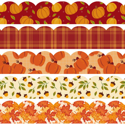Whaline 69Ft Fall Bulletin Board Borders 5 Design Maple Leaf Pumpkin Plaid Trim Board Borders Self-Adhesive Autumn Decoration Borders for School Classroom Office Party Thanksgiving Decoration, 60Pcs