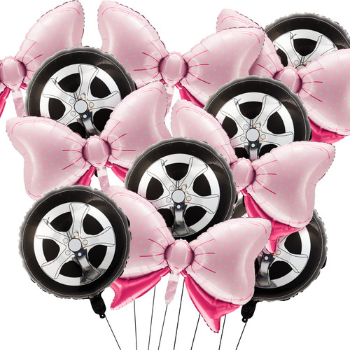 12 Pieces Burnouts or Bow Foil Balloons Black Car Wheel Balloons Gender Reveal Balloon Pink Polka Dots Bow Balloon Foil Balloons for Baby Shower Gender Reveal Wedding Birthday Party Decoration