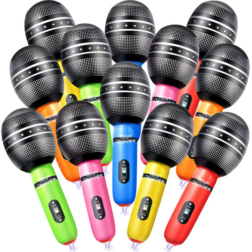12 Pieces Inflatable Microphones Blow up Microphone Plastic Microphone Props Blow up Microphones Toys for Musical Concert Themed Party Role Play Stage Birthday Decoration Supplies (Random Colors)